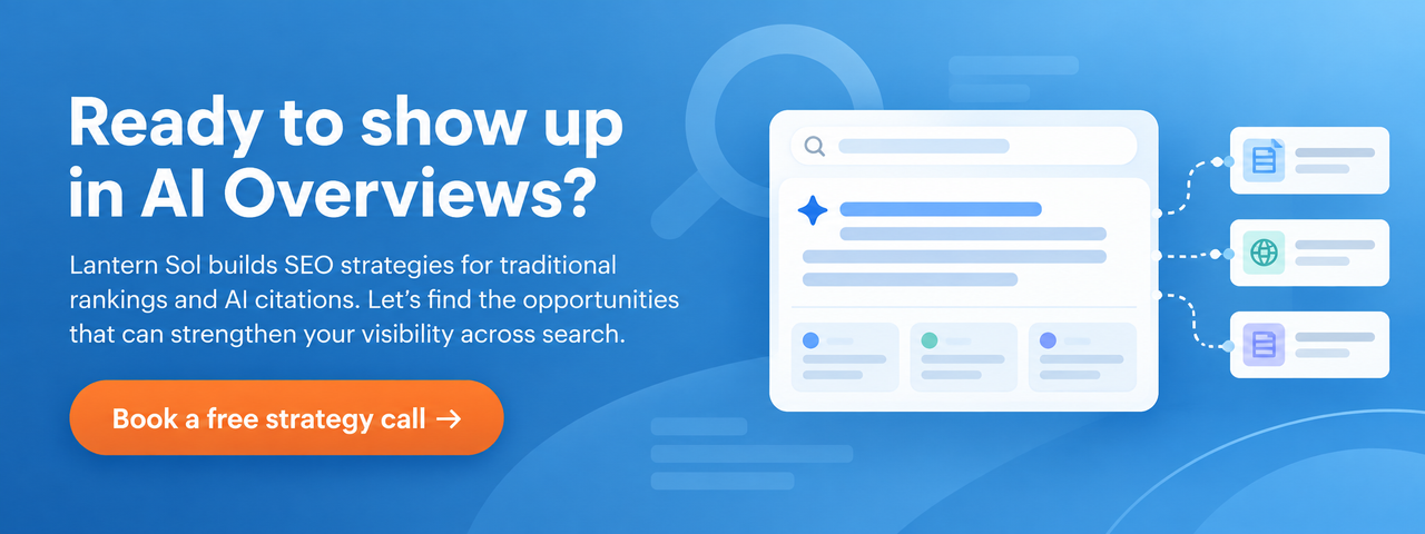 CTA banner inviting businesses to book a free strategy call to strengthen their visibility in AI Overviews and traditional search.