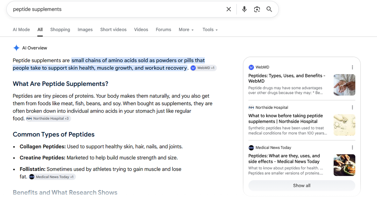 Google AI Overview for “peptide supplements,” with a summary, common peptide types, and cited sources.