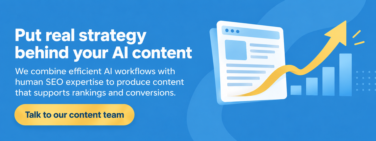 CTA banner encouraging businesses to pair AI content workflows with human SEO strategy to improve rankings and conversions.