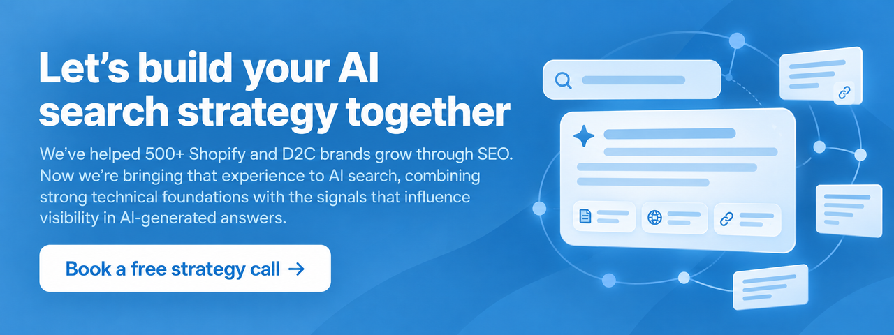 CTA banner inviting Shopify and D2C brands to book a free AI search strategy call.