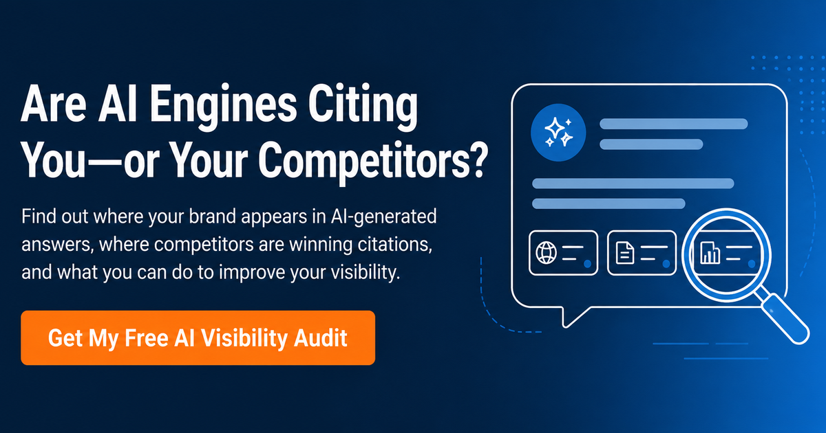 CTA banner for an AI citation optimization audit showing AI-generated answers, source citations, and a magnifying glass highlighting citation visibility.
