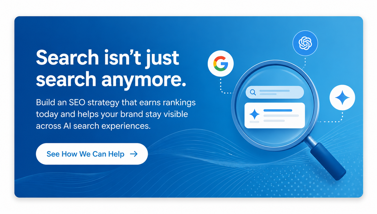 Marketing banner illustrating SEO strategy, AI search visibility, and generative search with a stylized search interface inside a magnifying glass.