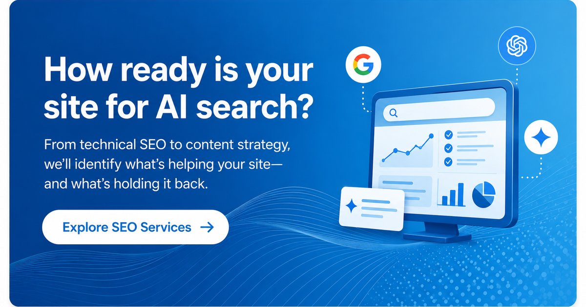 CTA banner for SEO services featuring an AI search dashboard, analytics charts, and search platform icons.