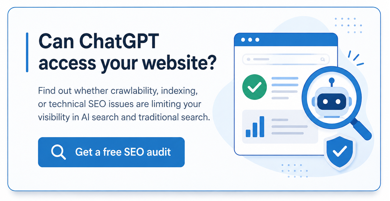CTA banner inviting users to get a free SEO audit to uncover crawlability, indexing, and technical SEO issues that limit AI search visibility.