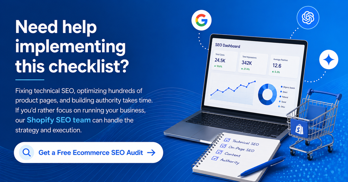 Promotional banner for a free Shopify ecommerce SEO audit featuring an SEO dashboard, shopping cart, technical SEO checklist, and call to action to get a free audit.