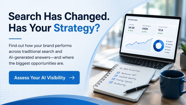 AI SEO call-to-action banner with search analytics dashboard and "Assess Your AI Visibility" button promoting Google Search and AI search visibility.