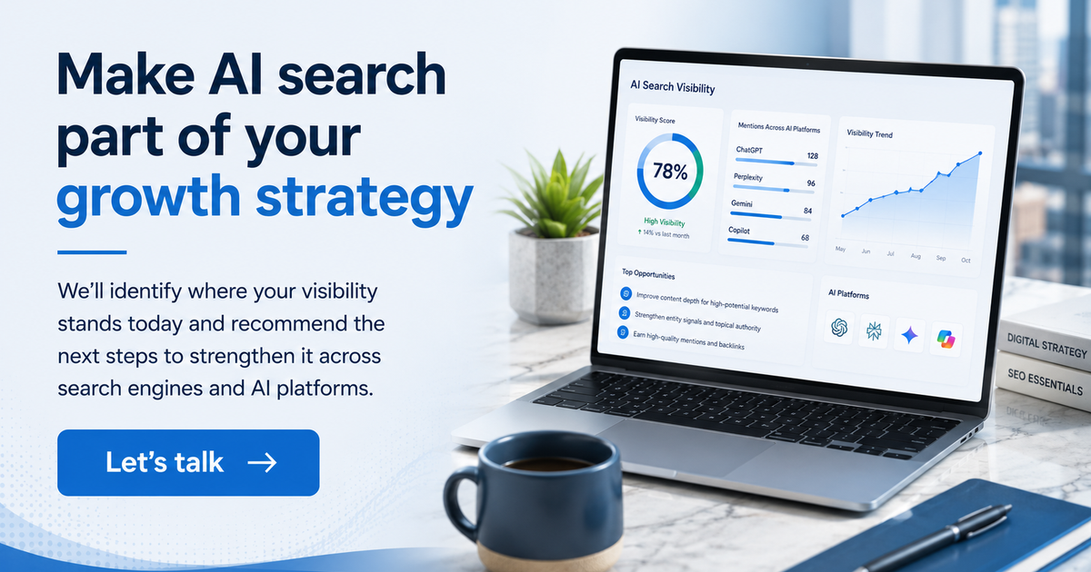 Call-to-action banner about AI SEO featuring a laptop displaying AI search visibility analytics, with messaging about strengthening visibility across search engines and AI platforms.