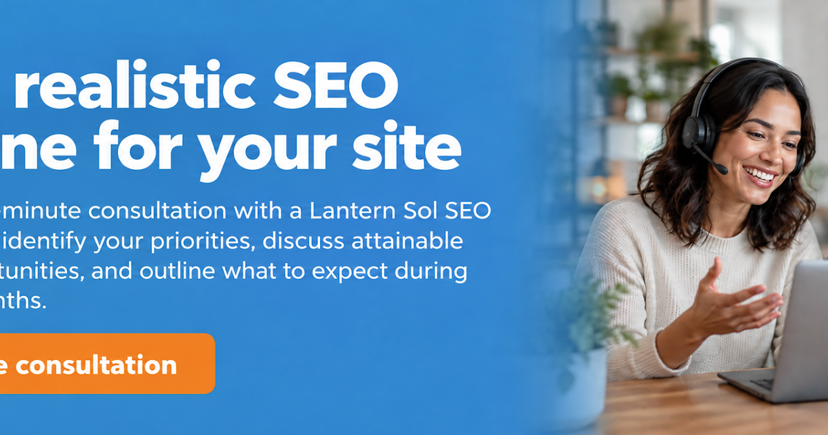 SEO consultation banner showing two people on a video call and an invitation to discuss a realistic six-month SEO timeline.