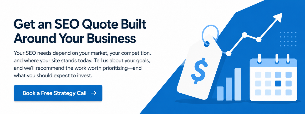 SEO pricing banner inviting businesses to get a custom SEO quote based on their market, competition, goals, and website needs.