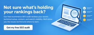 Banner for a free ecommerce SEO audit, showing a laptop under a magnifying glass beside a checklist of passed checks and issues to review.